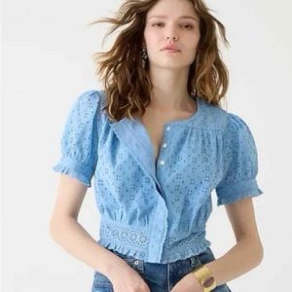 J. Crew NWT Eyelet Cropped Top Blouse Lace Covered Buttons BLACK medium - Picture 3 of 16